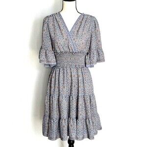 Max Studio Womens M Lavender Ditsy‎ Floral Print Tiered Dress Elbow Bell-Sleeves